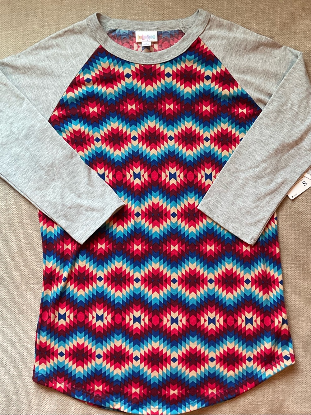 Heather Grey Raglan Baseball Sleeve Top with Aztec Print